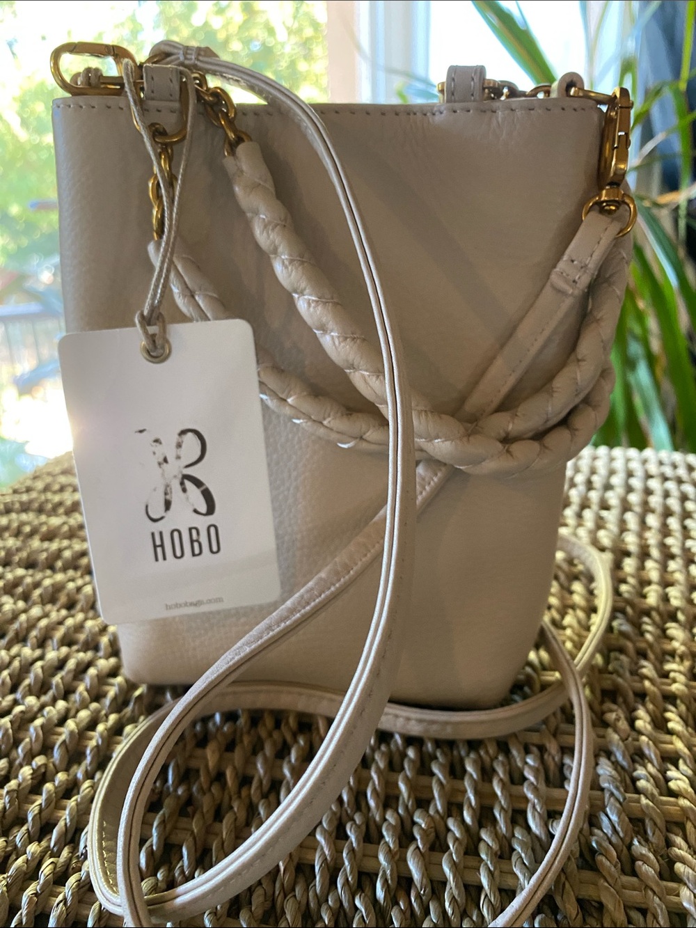HOBO Cream Leather Mini Bucket Crossbody Bag Braided Handle NWT